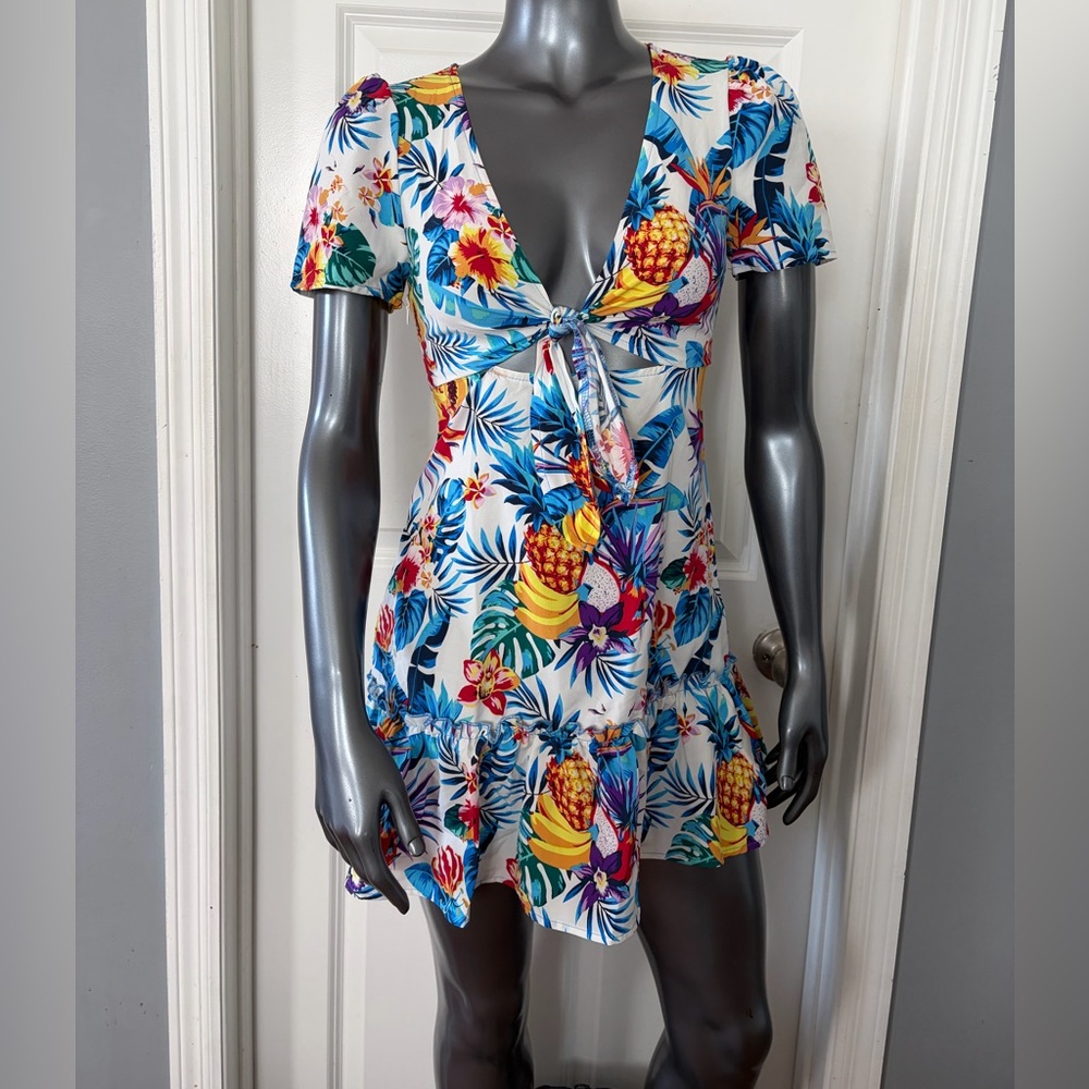 Tropical Tie-Front Ruffled Mini Dress w/ Pineapple, Hibiscus, Dragon Fruit Print